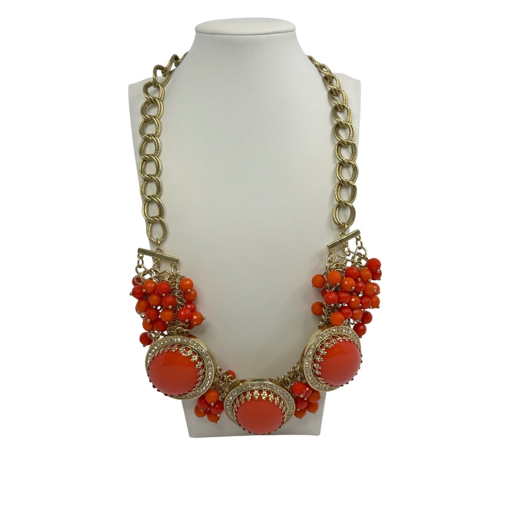 Orange Beaded Statement Bib Necklace Gold Tone Chunky‎ Resin Cabochon Rhinestone
